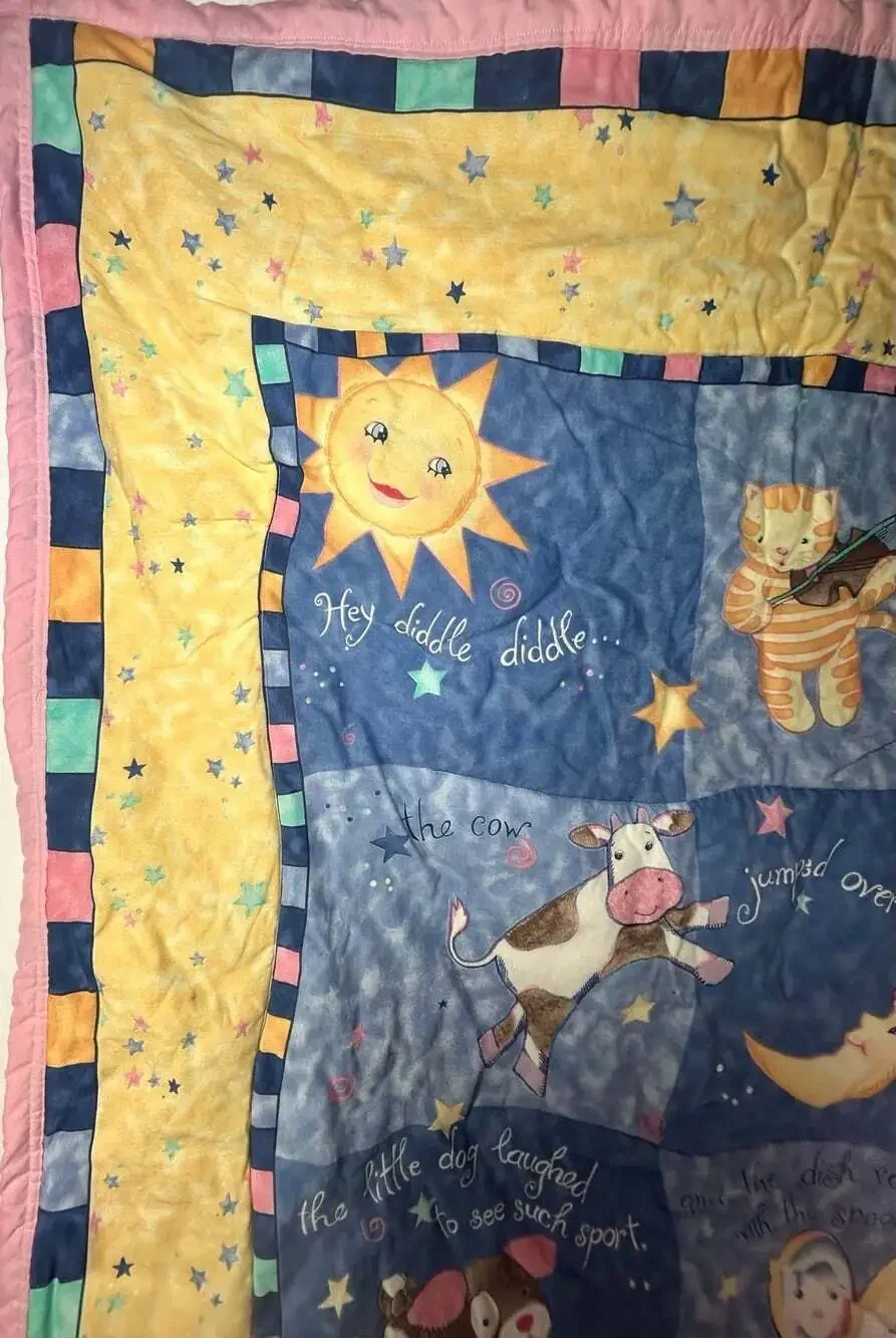 Mother Goose Rhyme Hey Diddle Diddle Pastel Quilt Top Pink Reverse Panel crib